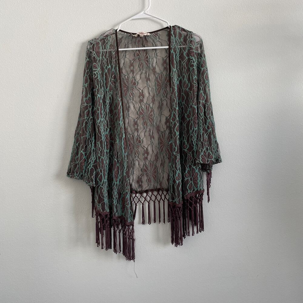 Altar'd State Kimono Topper Sheer Flare Sleeve Boho Fringe Festival Brown